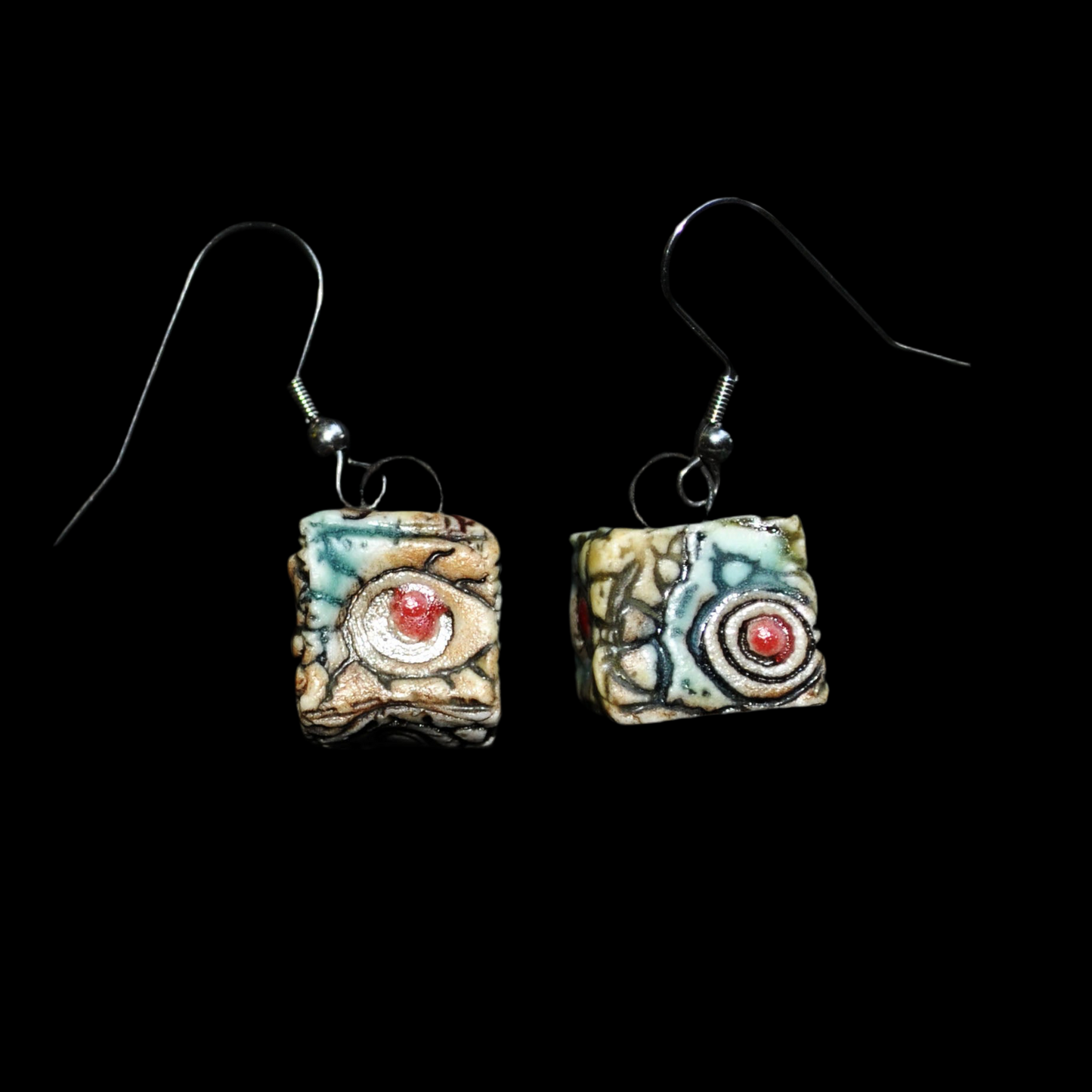 Earrings, Boho altered square cube with red dot and turquoise