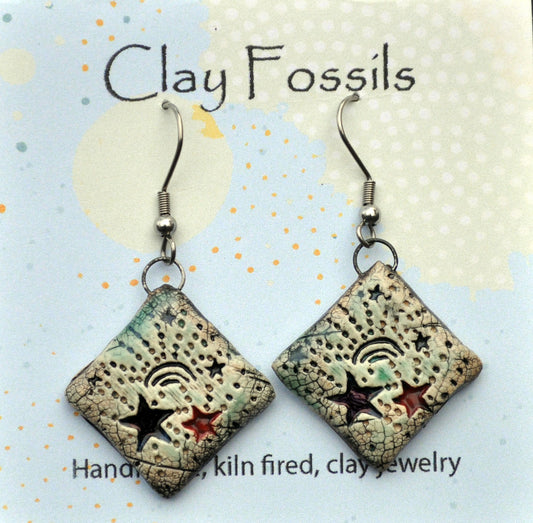 Earrings, Cosmic, fired ceramic clay, USA handmade 