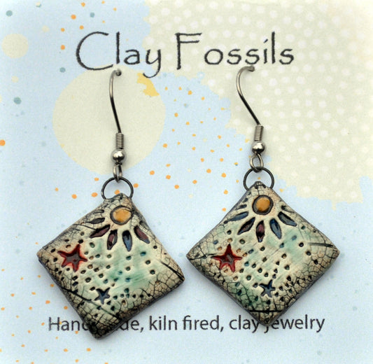 Earrings, Boho 1, fired ceramic clay, USA handmade 