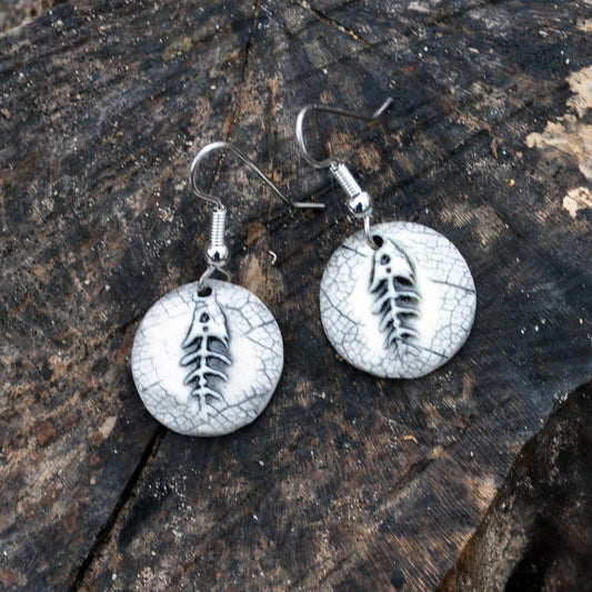 Raised Fish Bone Earrings, small round black, sea, beach, lake