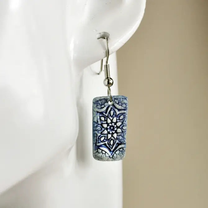 Earrings, sm rect blue, Es732 handmade pottery, boho, usa