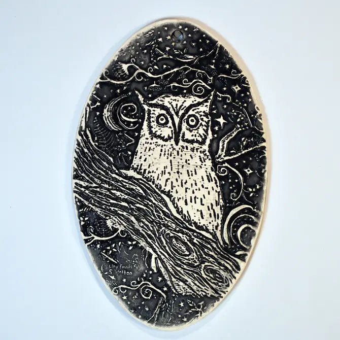 Handmade Pottery,  hanging tile, black night owl, vertical