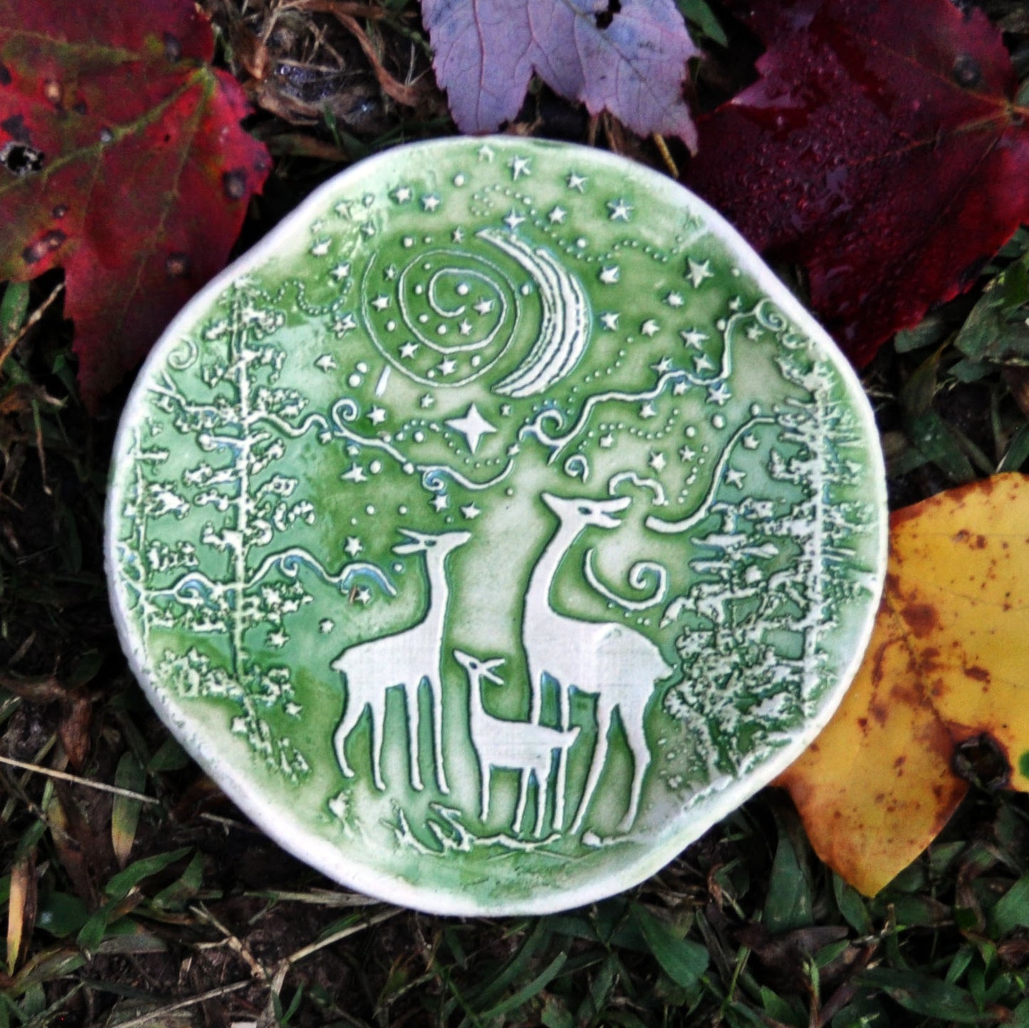 Deer family in bright green, spoon rest, soap dish