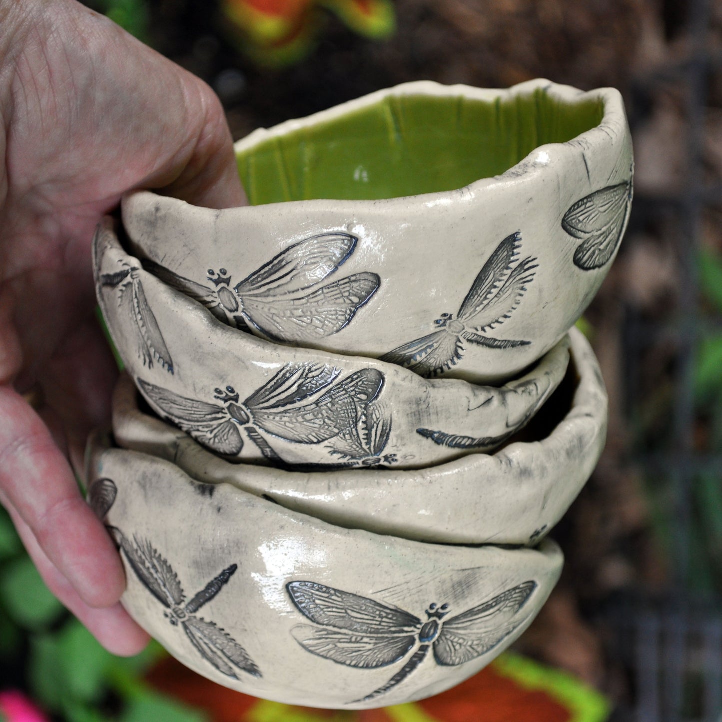 Handmade Pottery, dragonfly dish, clear glazed- no color inside, Dragonflies, USA