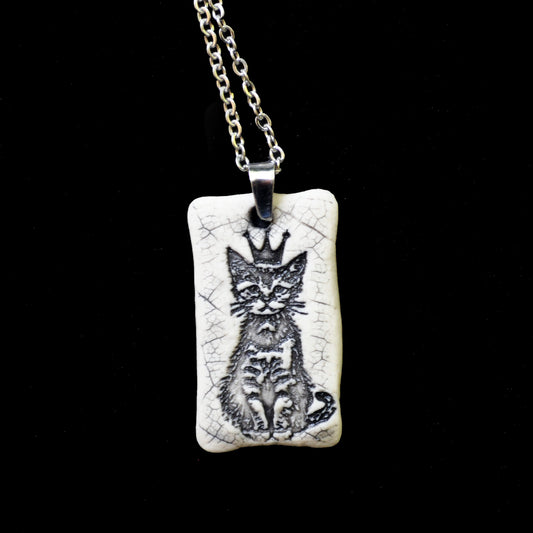 Crown Kitten Pendant, small rectangle, handmade porcelain, kiln fired