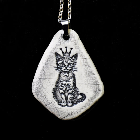 Crown Kitten Pendant, vertical, handmade porcelain, kiln fired