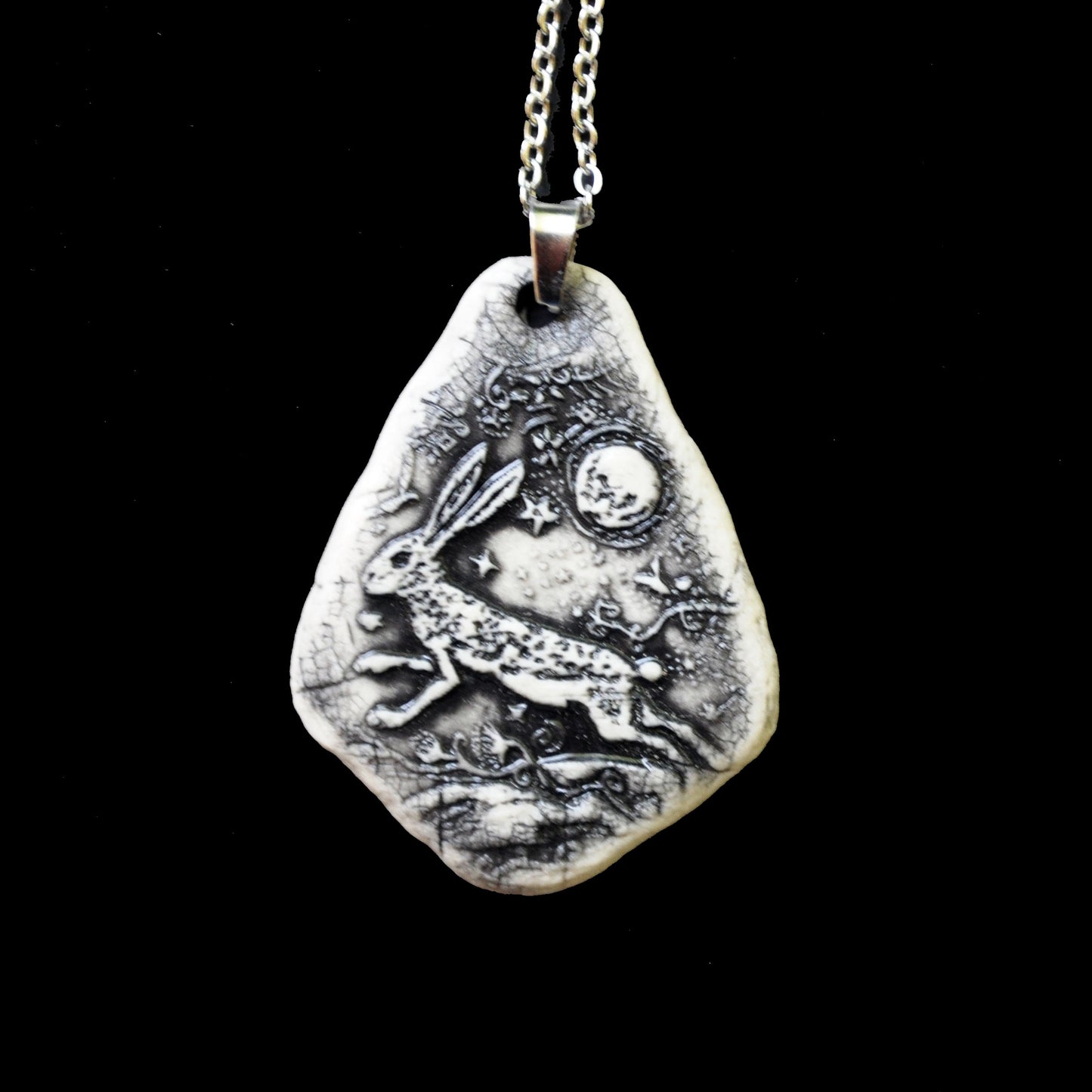 Rabbit Moon Pendant, vertical, handmade porcelain, kiln fired