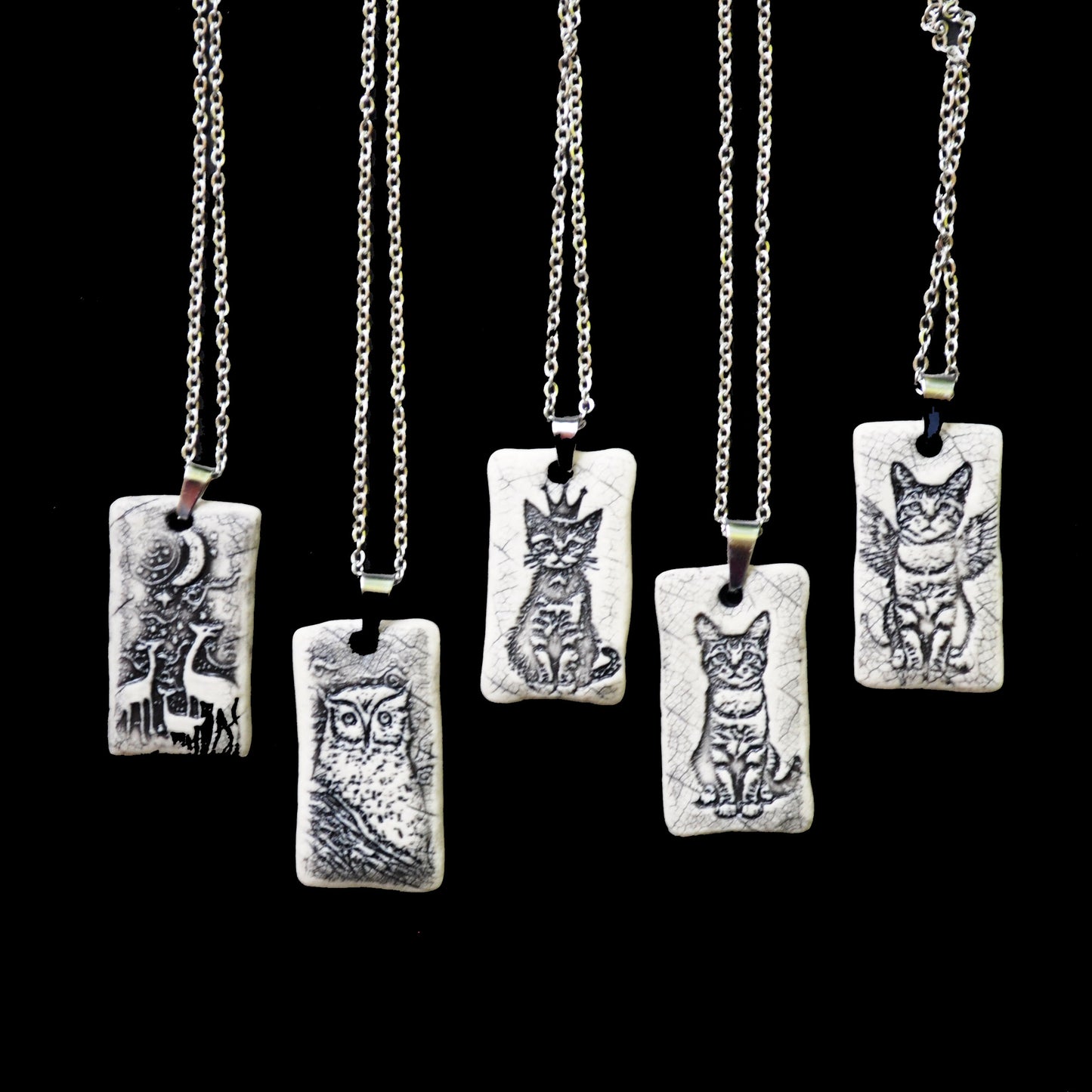 10 Assorted bulk Pendants, 2 ea.crown kitten, night owl, tabby, cat w wings, deer, finished with hardware