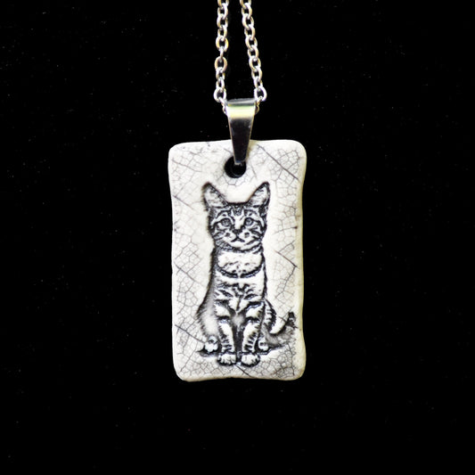 Tabby Kitten Pendant, small rectangle, handmade porcelain, kiln fired