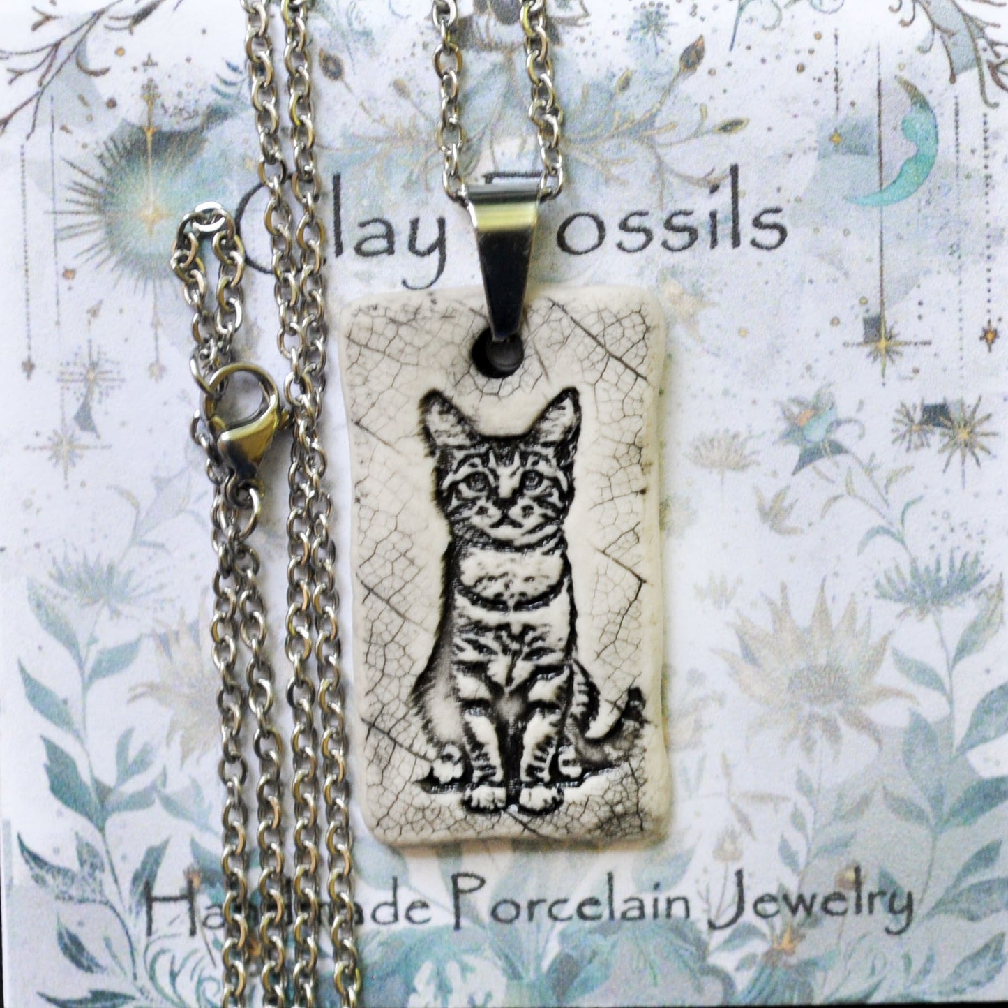 Tabby Kitten Pendant, small rectangle, handmade porcelain, kiln fired