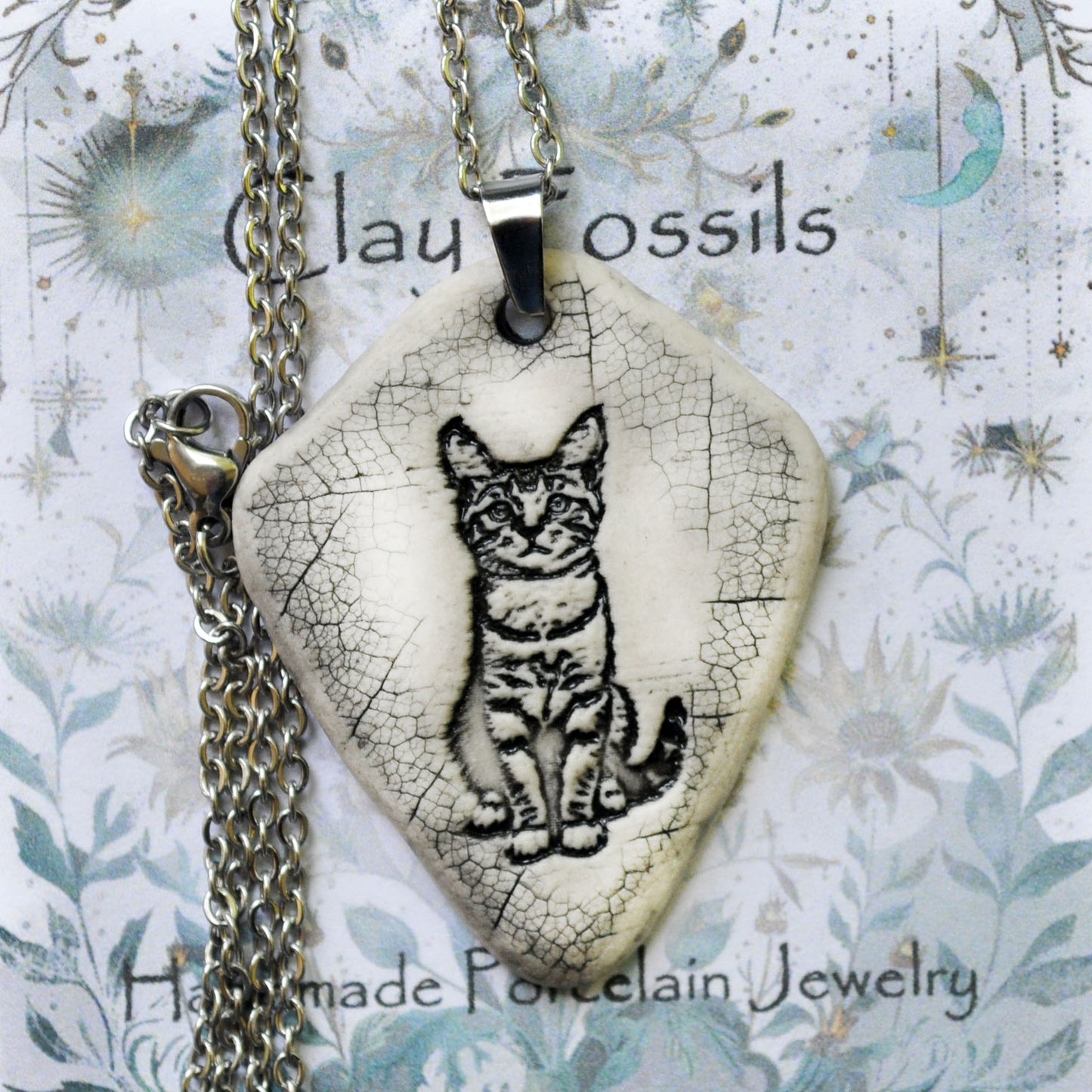 Tabby Kitten Pendant, vertical, handmade porcelain, kiln fired