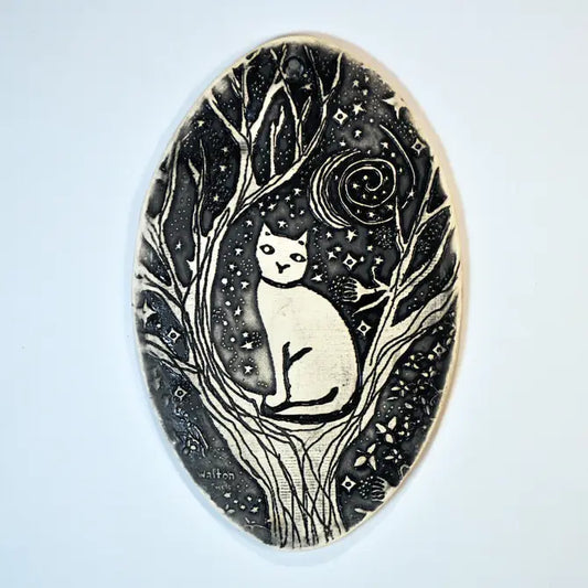 Handmade Pottery,  hanging tile, cat in tree, vertical