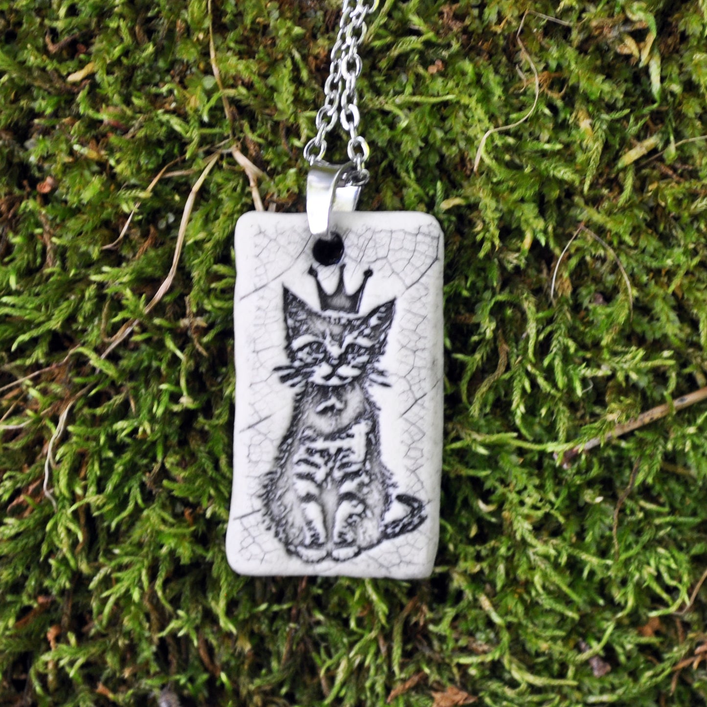 Crown Kitten Pendant, small rectangle, handmade porcelain, kiln fired