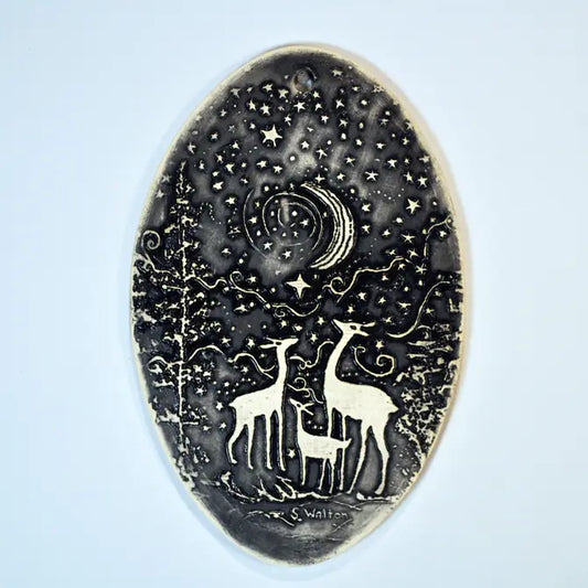 Handmade Pottery,  hanging tile, black Magical Night Deer Family, vertical