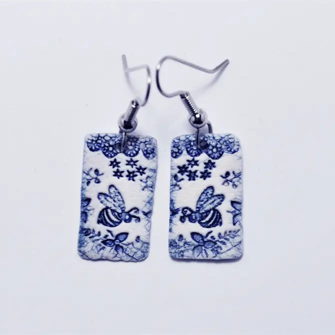 Bee Garden Earrings, handmade porcelain, kiln fired