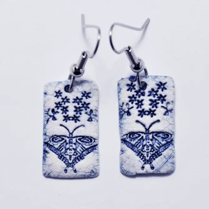 Handmade Pottery, Porcelain Earrings, Butterfly & Starflowers