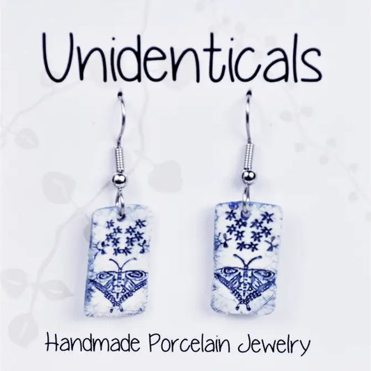 Handmade Pottery, Porcelain Earrings, Butterfly & Starflowers