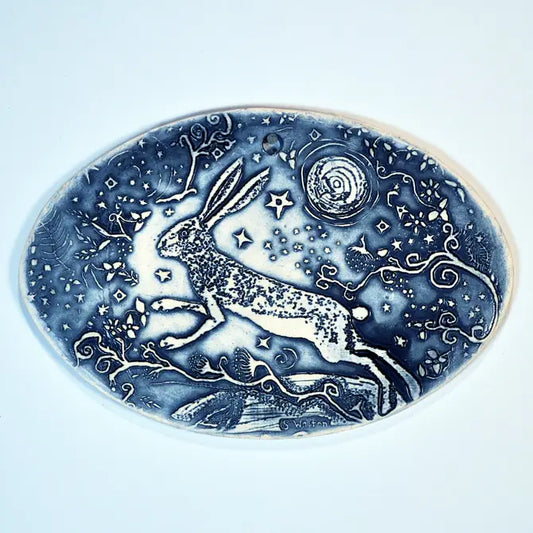 Handmade Pottery,  hanging tile, Rabbit Moon in Blue, horizontal