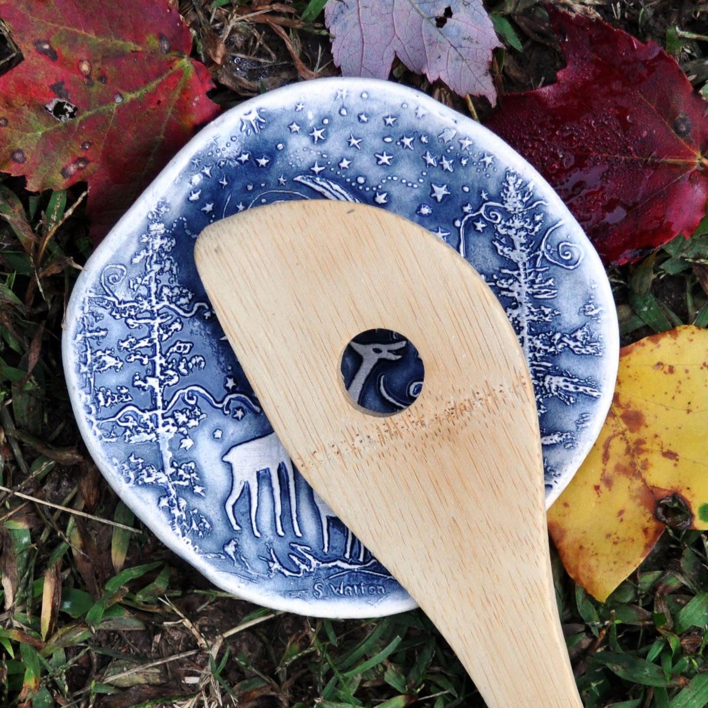 Deer family in blue, spoon rest, soap dish