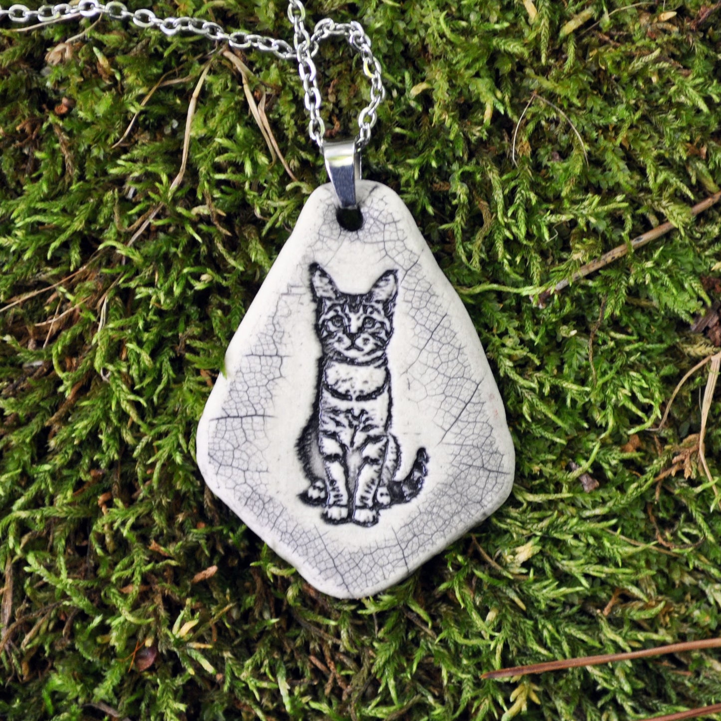 Tabby Kitten Pendant, vertical, handmade porcelain, kiln fired