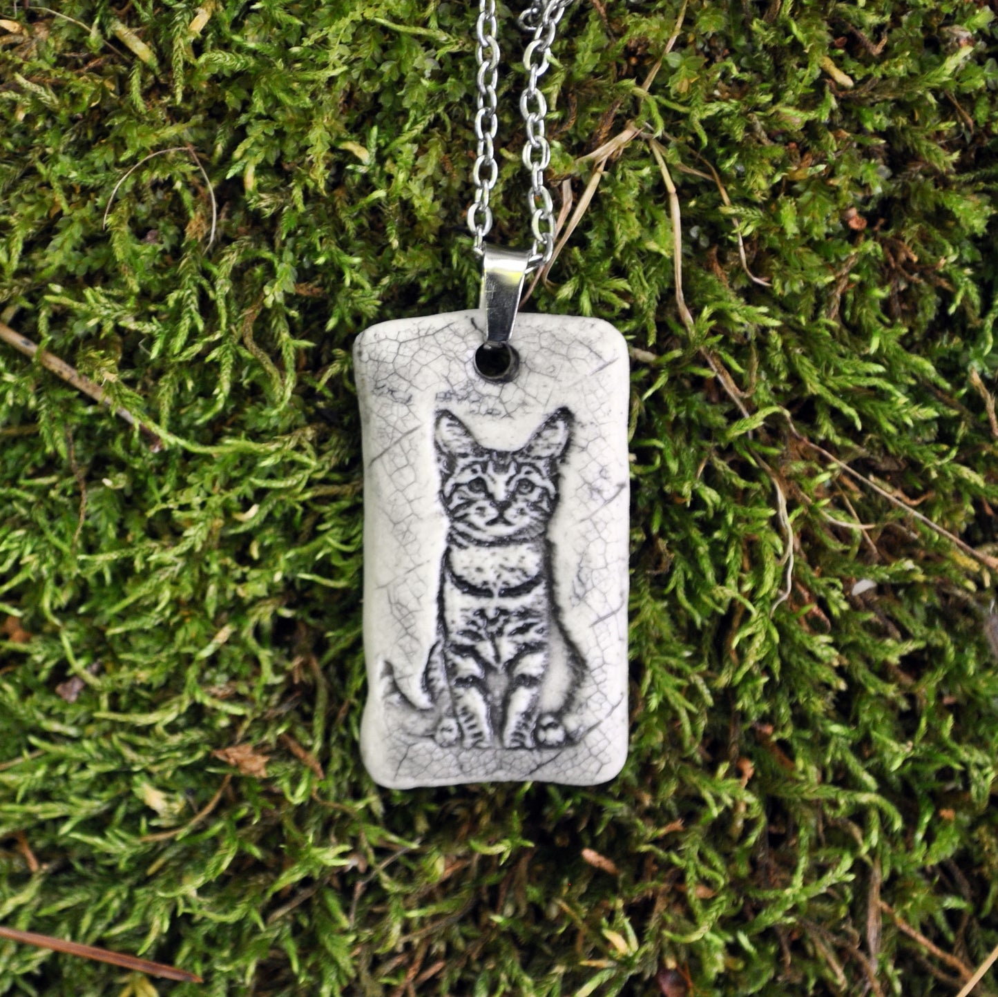 Tabby Kitten Pendant, small rectangle, handmade porcelain, kiln fired