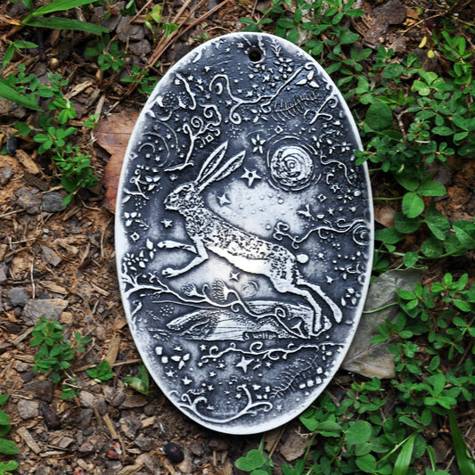 Handmade Pottery,  hanging tile, Rabbit Moon in Black, vertical