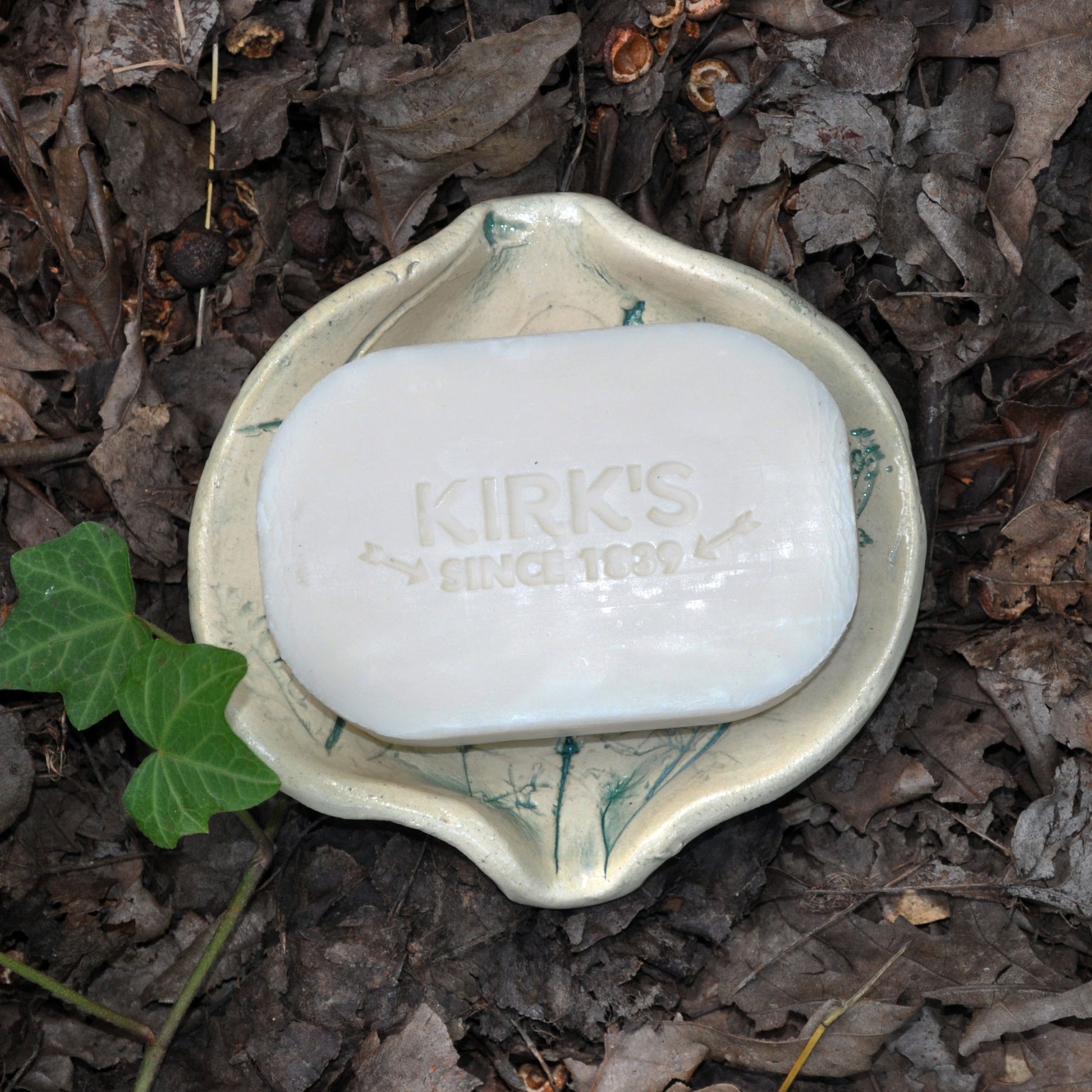 srsd303 spoon rest, soap dish, yarrow, eucalyptus dill in green with soap.jpg